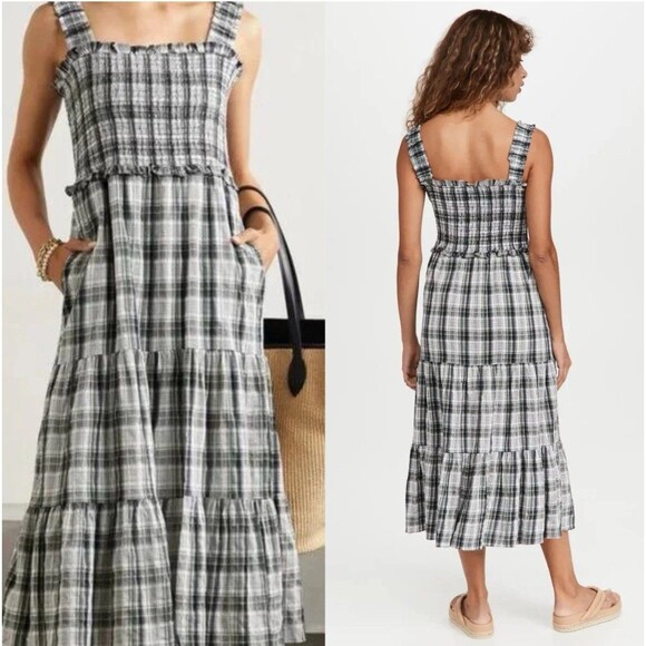 Veronica Beard Ziada Size Small Smocked Plaid Midi Dress Black White Tiered - Picture 4 of 12